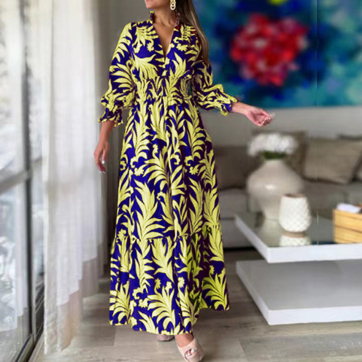 Women Long Maxi Dress with V-Neck, Elastic Smocked Waistband, Tiered Skirt, and Balloon Sleeves Drune