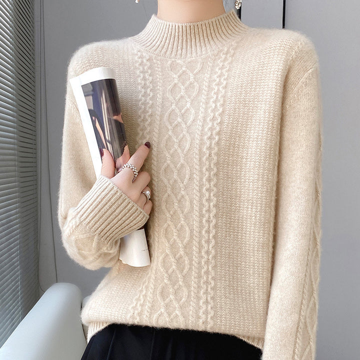 Women's Soft Cable Knit Mock Neck Sweater with Light Mohair Effect Mune Fashion
