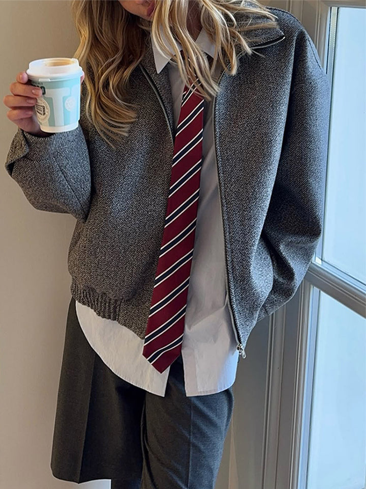 Ladies short jacket in herringbone wool blend with zip and elastic hem Mune Fashion