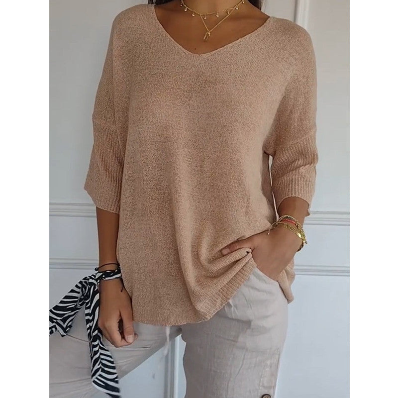 Women's relaxed fit V-neck fine knit pullover with three-quarter sleeves Mune Fashion