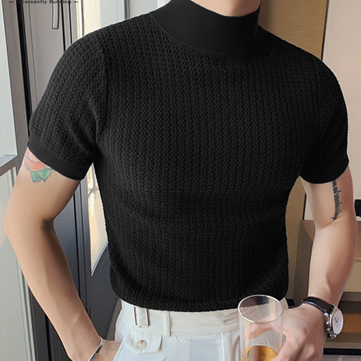 Men's short sleeve fine knit shirt with stand-up collar Mune Fashion