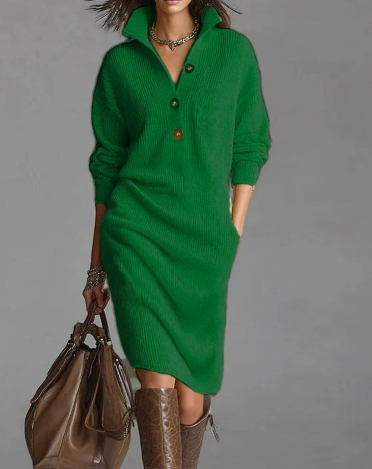 Women's knitted sweater dress with polo collar, patch pockets and casual fit Mune Fashion