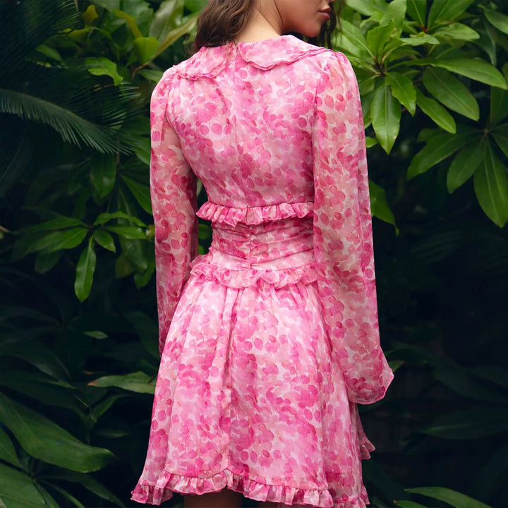 Women Short Ruffled Dress with Tailored Corset Waist and Balloon Sleeves Mune Fashion