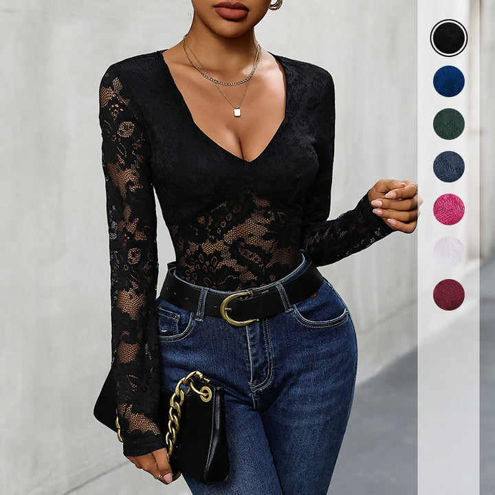 Ladies Elegant Lace Bodysuit with Deep V-Neck Mune Fashion