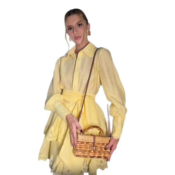 Women Lightweight Shirt Dress with Broderie Anglaise Hem and Wrap Belt Mune Fashion