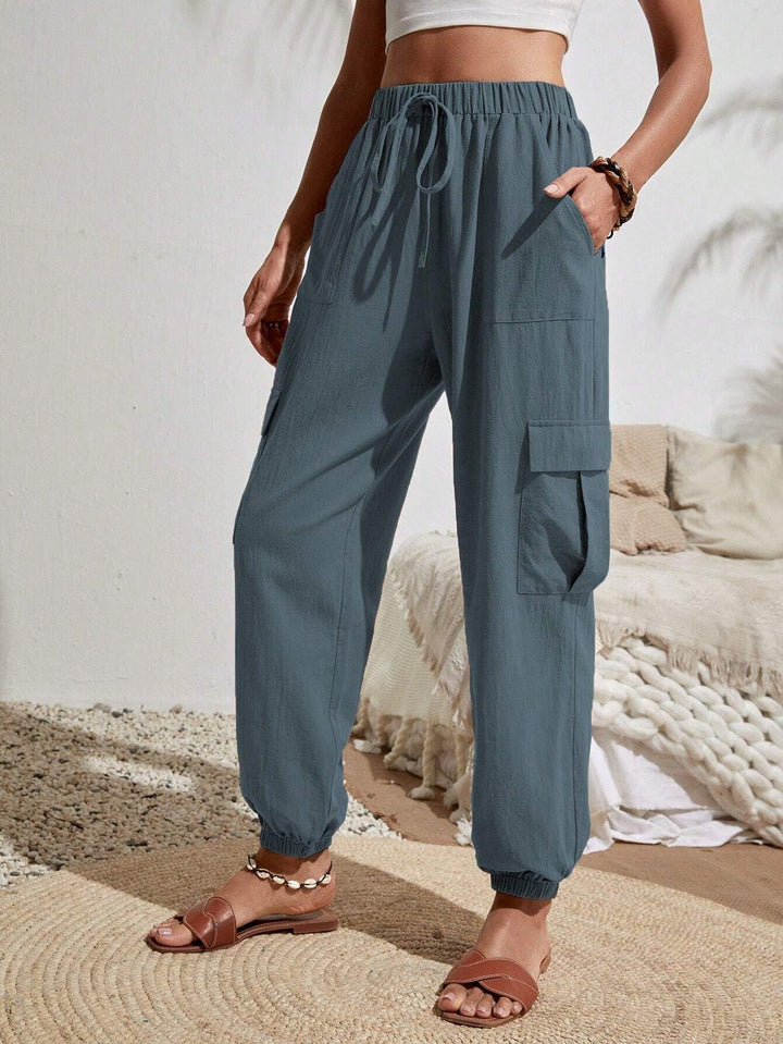Women Cargo Jogging Pants with Elastic Waistband, Drawstring and Patch Pockets Mune Fashion