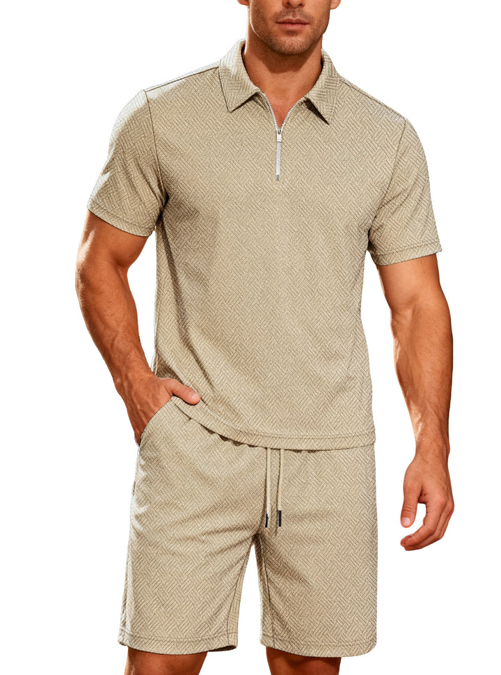 Men's comfortable lounge two-piece set made of structured cotton blend with half-zip polo shirt and drawstring shorts Mune Fashion