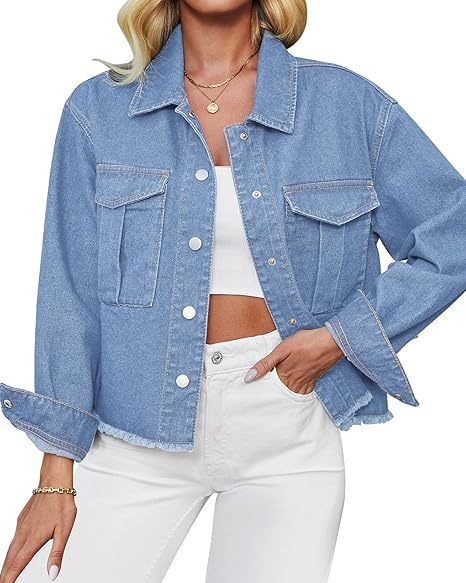 Women's cropped oversized denim jacket with raw hem and patch chest pockets Mune Fashion