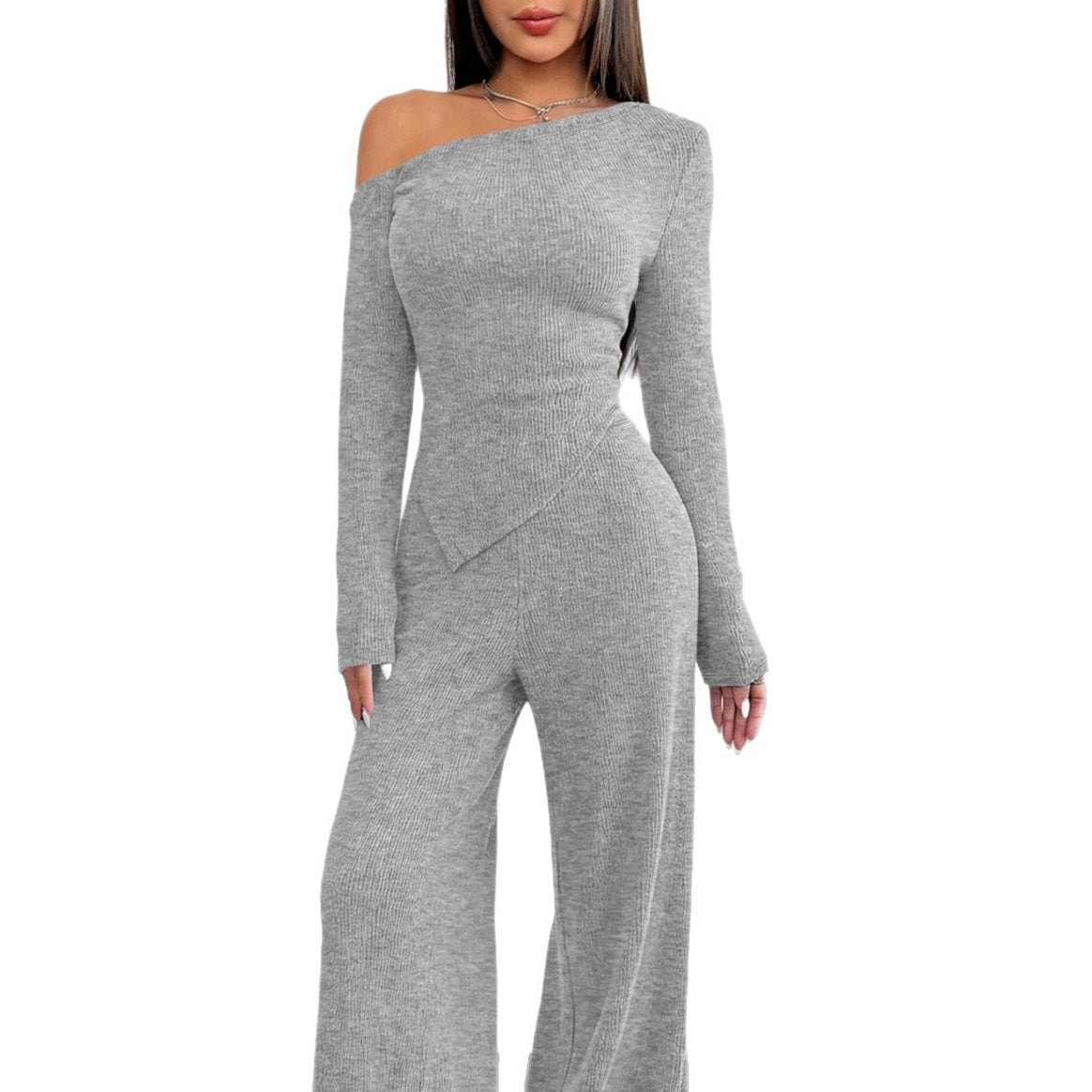 Women's Asymmetrical Knit Lounge Set with One-Shoulder Top and Wide Leg Mune Fashion
