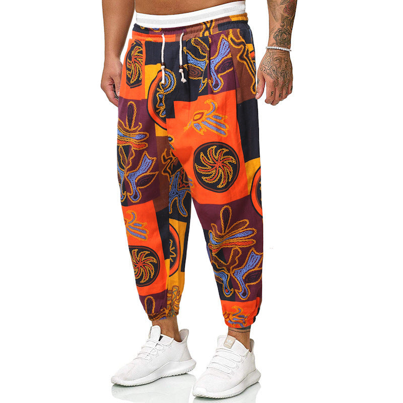 Men's Loose Fit Patchwork Lounge Pants with Drawstring, Elastic Ankles and Decorative Allover Print Mune Fashion
