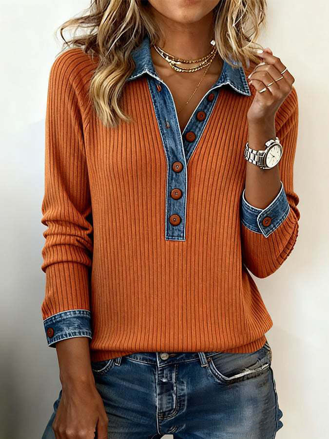 Women's ribbed sweater with denim trim, shirt collar and decorative button placket Mune Fashion