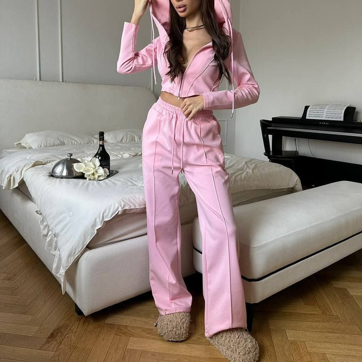 Women tailored cropped hooded sweatshirt with concealed zipper and high-waist wide-leg jogging pants set Mune Fashion