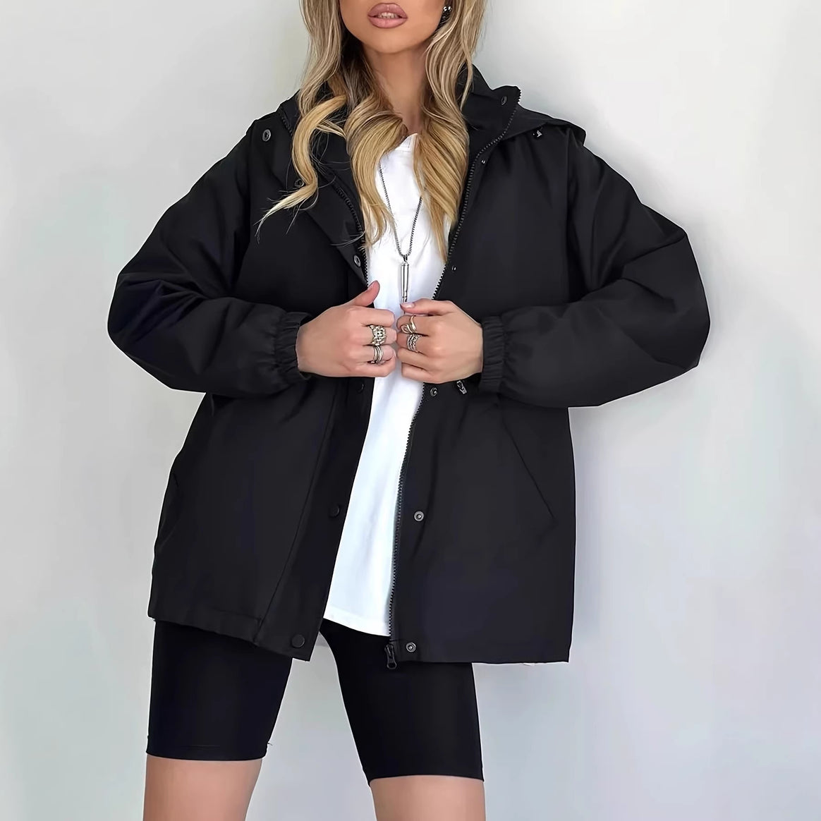Women's Water-Repellent Short Parka with Hood, Drawstring and Snap Button Placket Mune Fashion
