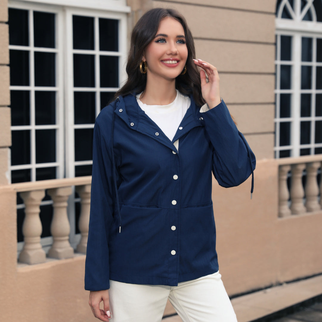 Ladies Lightweight Hooded Rain Jacket with Snap Button Placket and Drawstring Mune Fashion