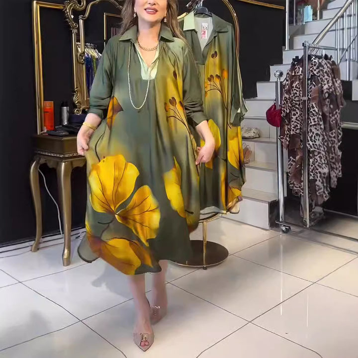 Women's oversized shirt dress in A-line cut with shirt collar and large floral print Mune Fashion