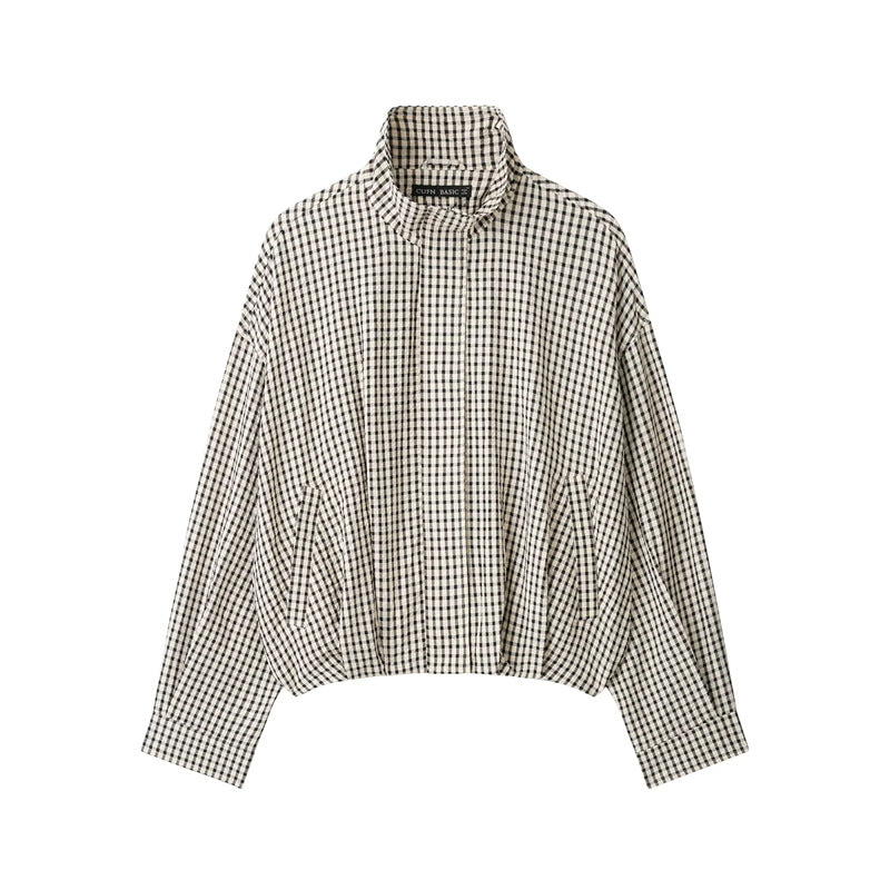 Women's short cropped checkered blouson jacket with stand-up collar, elastic hem and hidden zipper Mune Fashion