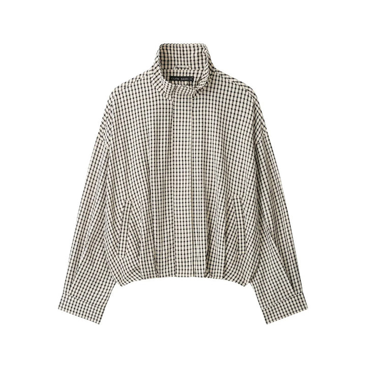 Women's short cropped checkered blouson jacket with stand-up collar, elastic hem and hidden zipper Mune Fashion