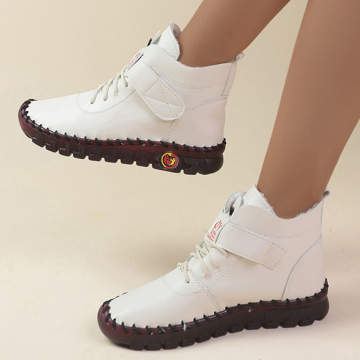 Women ankle-high comfort lace-up booties with Velcro closure and textured rubber outsole Mune Fashion