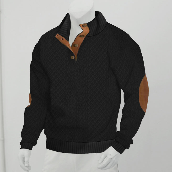 Men's Structured Cable Knit Henley Sweater with Leather Patch on Elbows & Placket Mune Fashion