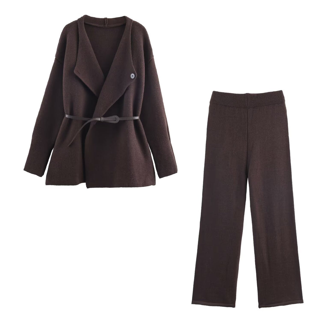 Women's Two-Piece Fine Knit Set with Shawl Collar Cardigan and High-Waist Wide Leg Pants Mune Fashion