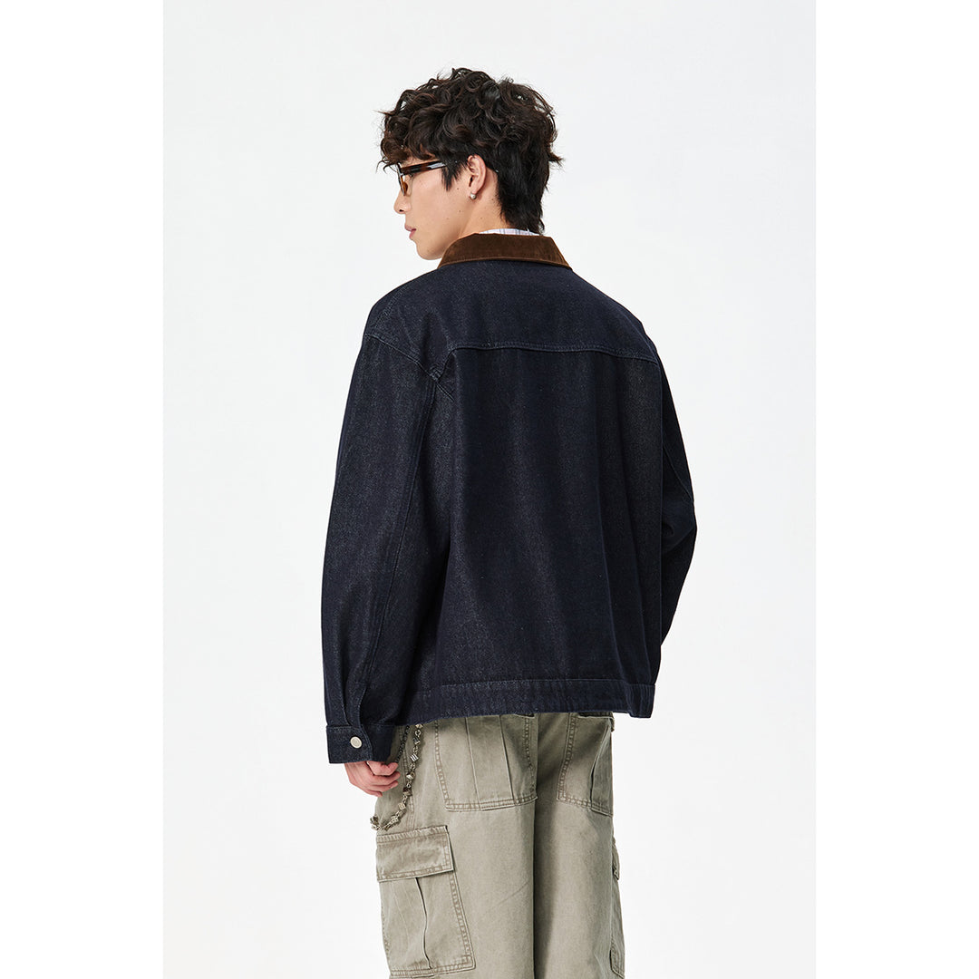 Men's sharply tailored denim workwear blouson with corduroy lapel and metallic hook fasteners Mune Fashion