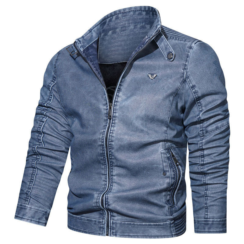 Men's Tailored Jeans Look Bomber Jacket with Stand Collar and Textured Quilting Mune Fashion