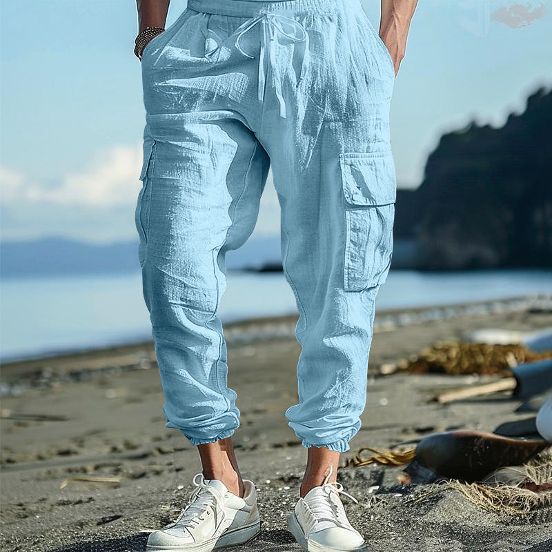 Men's Casual Linen Cargo Joggers with Drawstring Waist, Large Flap Pockets and Elastic Ankle Cuffs Mune Fashion