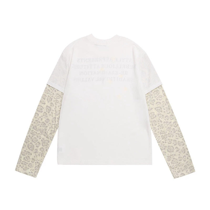 Women Layered Long Sleeve Shirt with Contrast Sleeves in Leopard Pattern and Statement Print Mune Fashion
