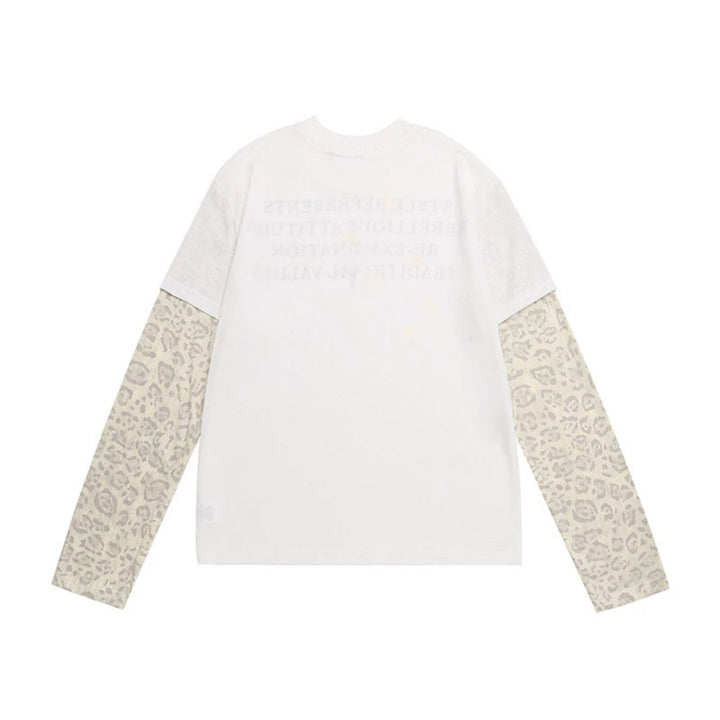 Women Layered Long Sleeve Shirt with Contrast Sleeves in Leopard Pattern and Statement Print Mune Fashion