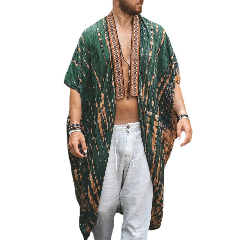 Men's Long Batik Kimono made of Lightweight Viscose with Ornamental Trim Mune Fashion