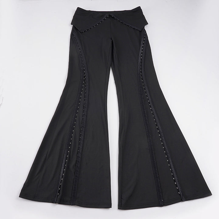 Women’s flared trousers with V waistband, side insert panels and decorative rivets Mune Fashion