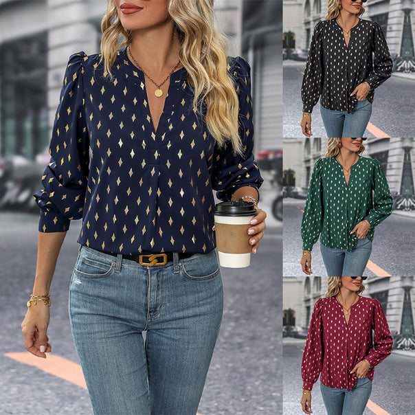 Women's Printed Viscose Blouse with Diamond Print, Stand Collar and Balloon Sleeves Mune Fashion