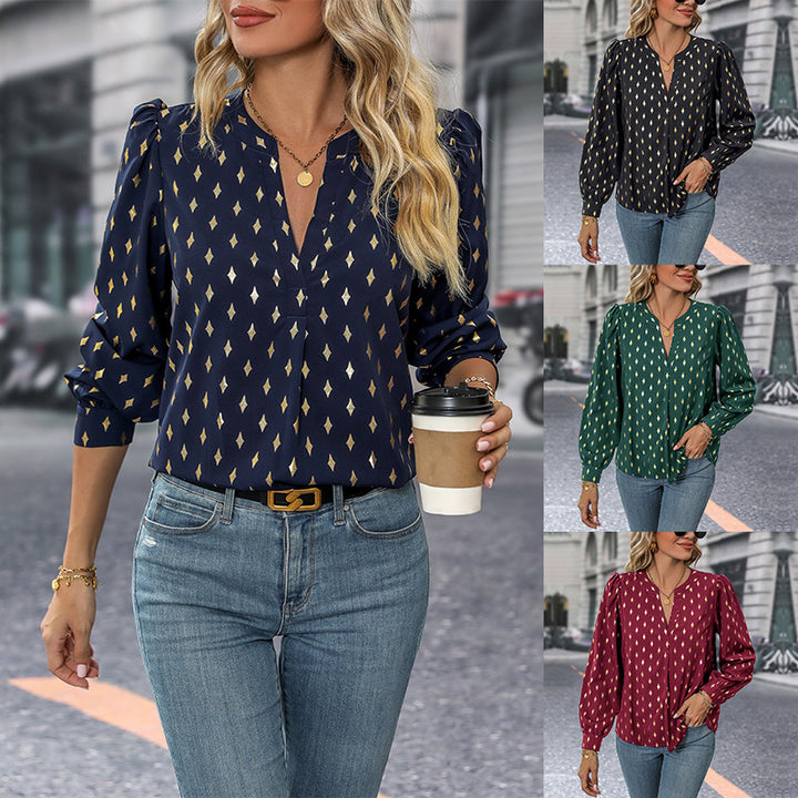 Women's Printed Viscose Blouse with Diamond Print, Stand Collar and Balloon Sleeves Mune Fashion