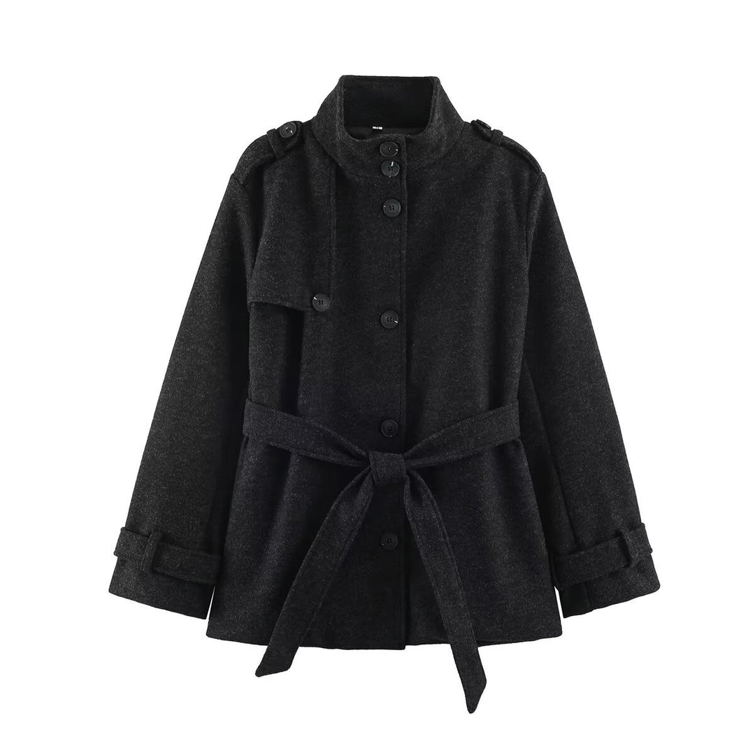 Women's short coat made of wool blend with stand-up collar, shoulder patches, and belted waist Mune Fashion