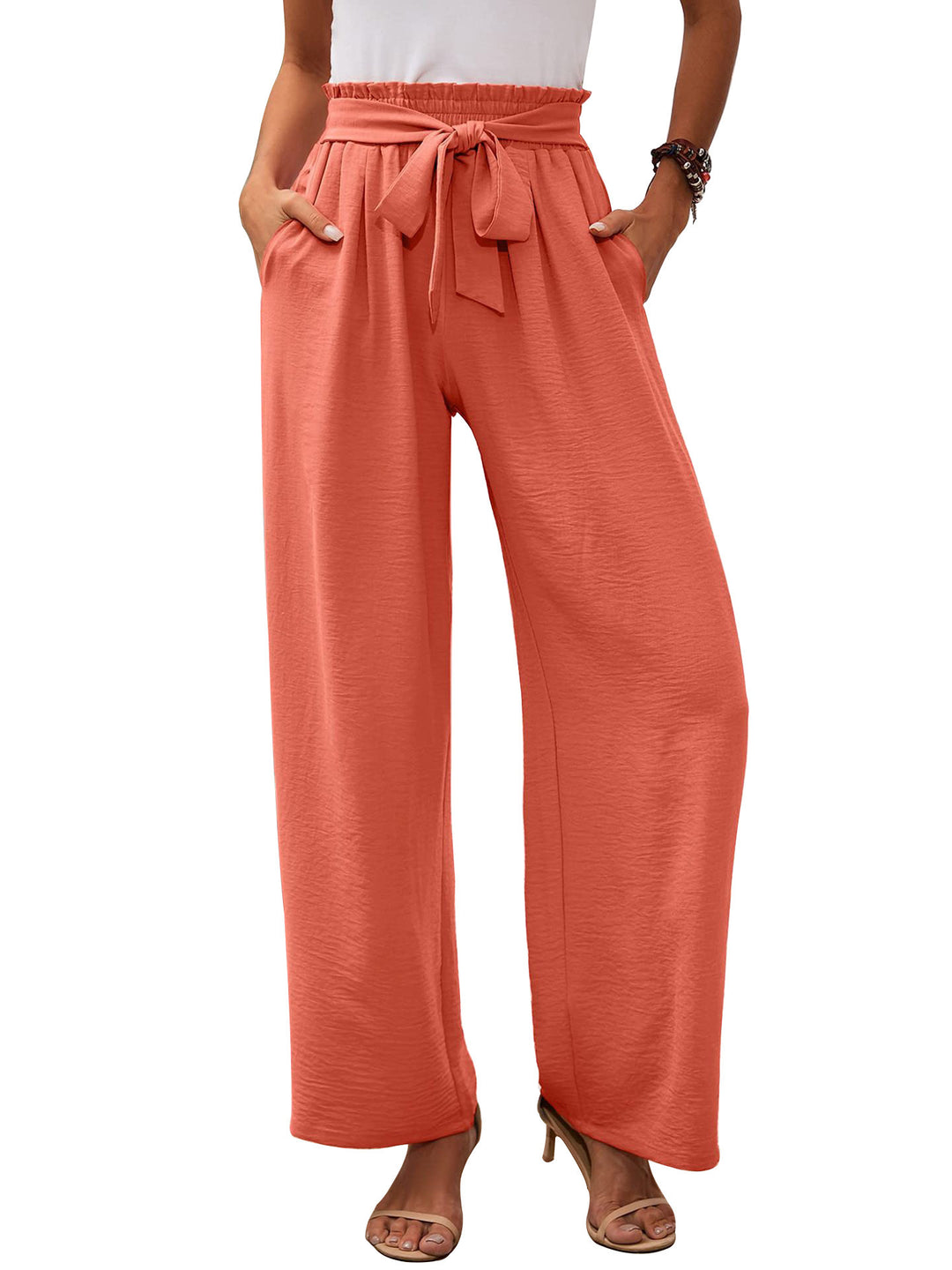 Women's paperbag pants with wide leg, elastic waist and tie belt Mune Fashion