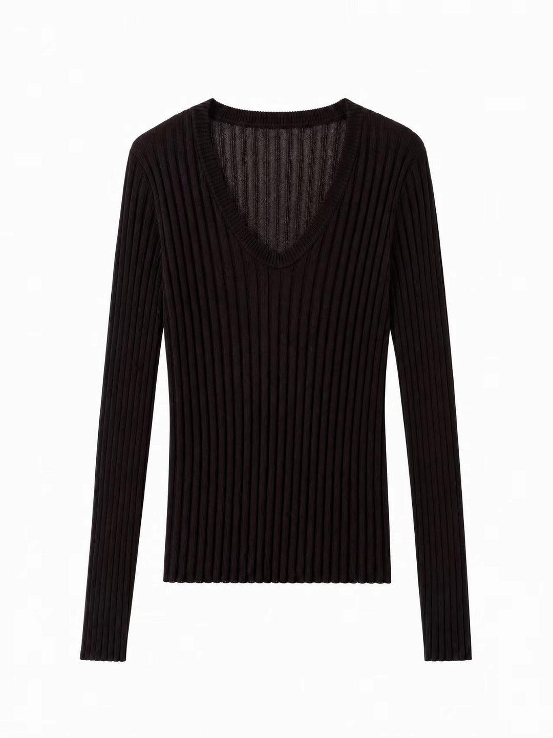 Women Tight Fine Knit Long Sleeve with Deep V-Neck and Wide Ribbed Structure Mune Fashion