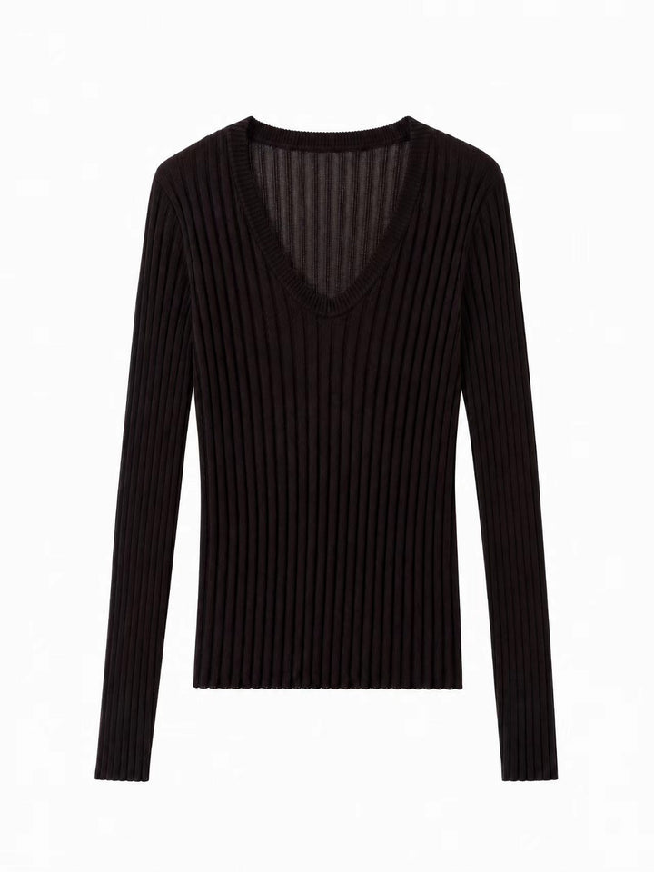 Women Tight Fine Knit Long Sleeve with Deep V-Neck and Wide Ribbed Structure Mune Fashion