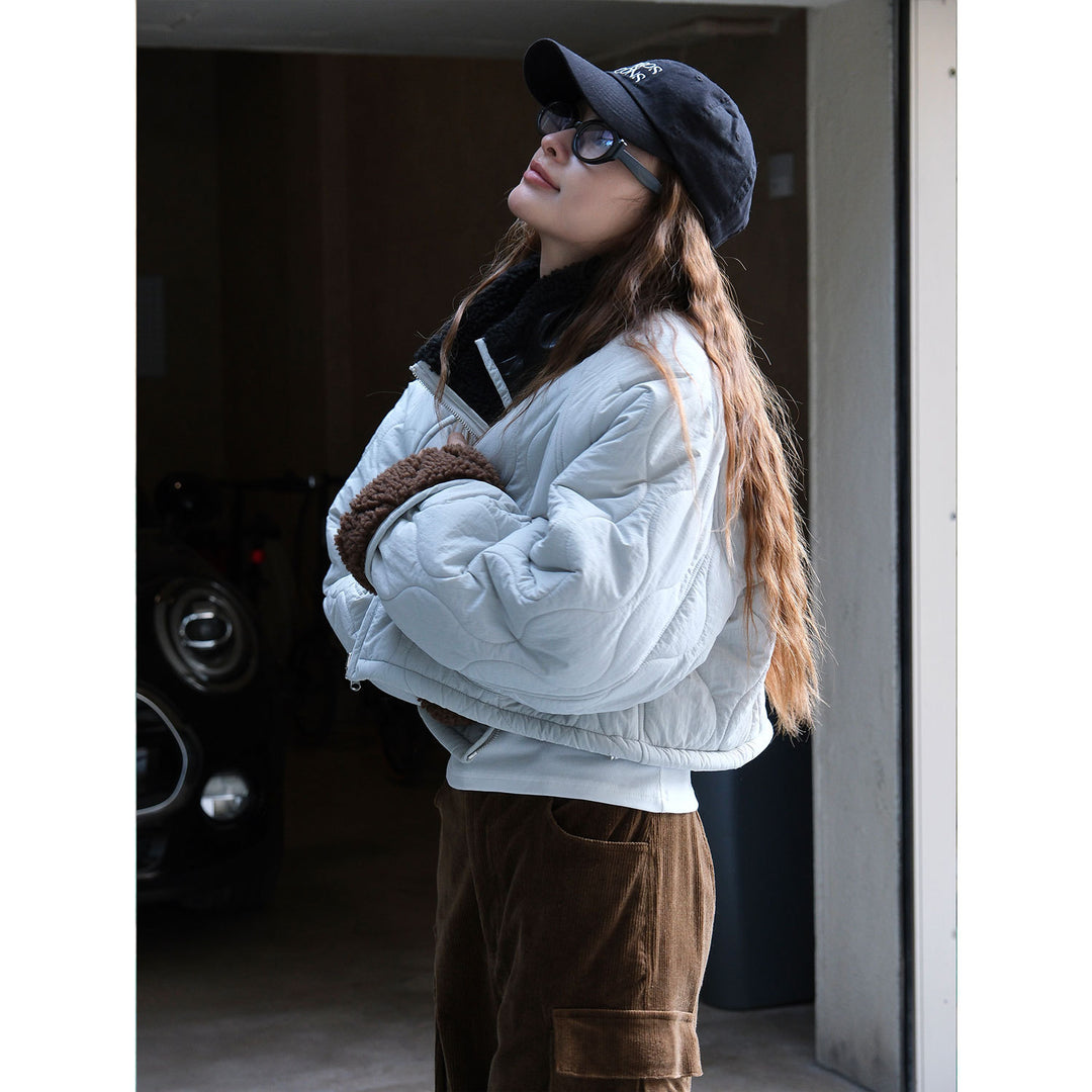 Women's Short Cut Quilted Bomber Jacket with Teddy Lining Mune Fashion