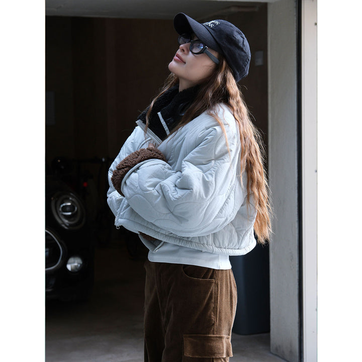 Women's Short Cut Quilted Bomber Jacket with Teddy Lining Mune Fashion