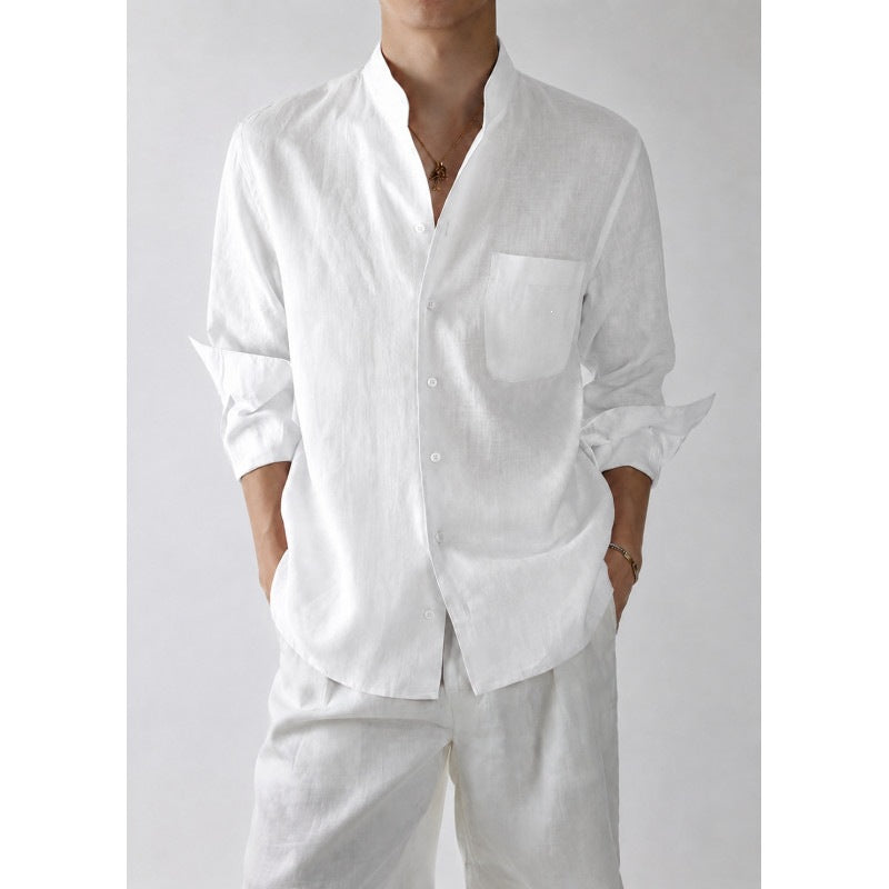 Men's Lightweight Linen Shirt with Stand-Up Collar and Chest Pocket Mune Fashion