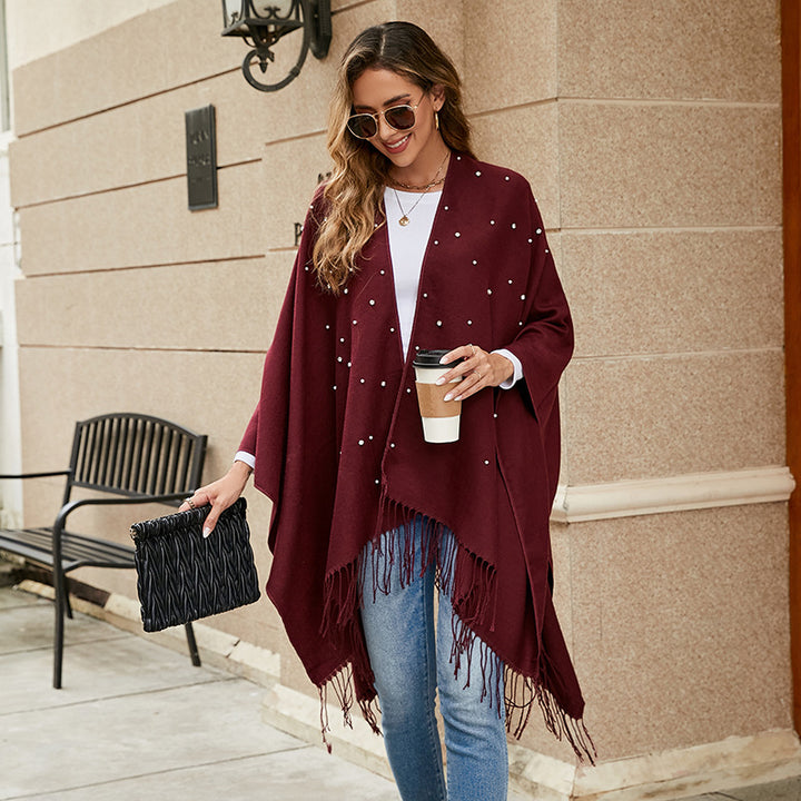 Women Cashmere-look Throw Poncho with Bead Application Mune Fashion