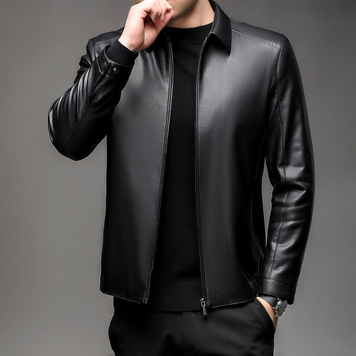 Men's Smooth Imitation Leather Bomber Jacket with Stand-up Collar, Concealed Zipper and Slim Fit Mune Fashion