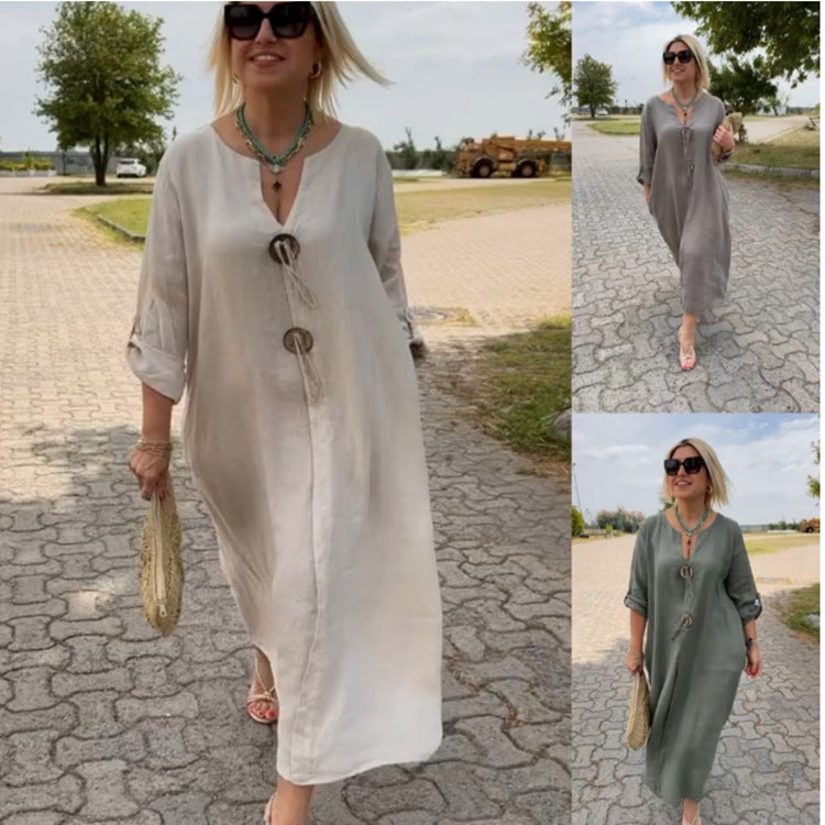 Ladies Long Linen Look Kaftan Dress with Wooden Ring Decorative Cord and Roll-Up Three-Quarter Sleeves Mune Fashion