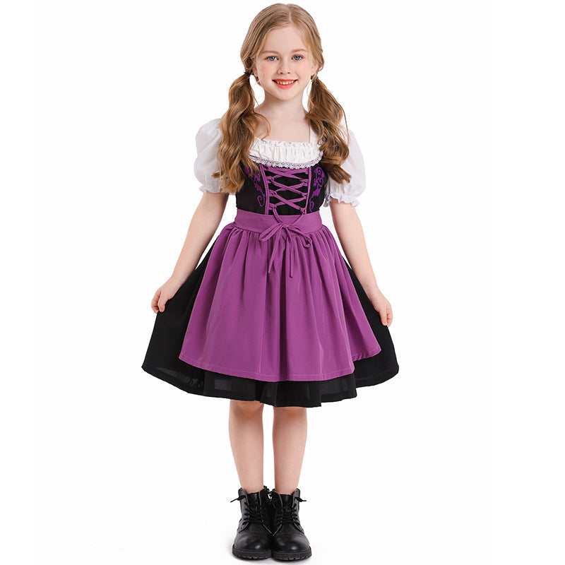 Ladies traditional Dirndl dress with laced bodice, puff sleeves and removable apron Mune Fashion