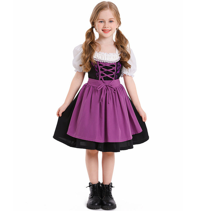 Ladies traditional Dirndl dress with laced bodice, puff sleeves and removable apron Mune Fashion