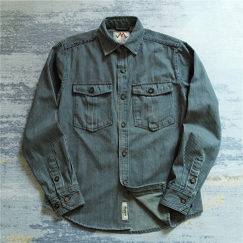 Men's Striped Cotton Worker Shirt with Patch Chest Pockets and Full Button Placket Mune Fashion