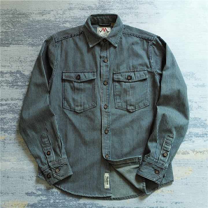 Men's Striped Cotton Worker Shirt with Patch Chest Pockets and Full Button Placket Mune Fashion