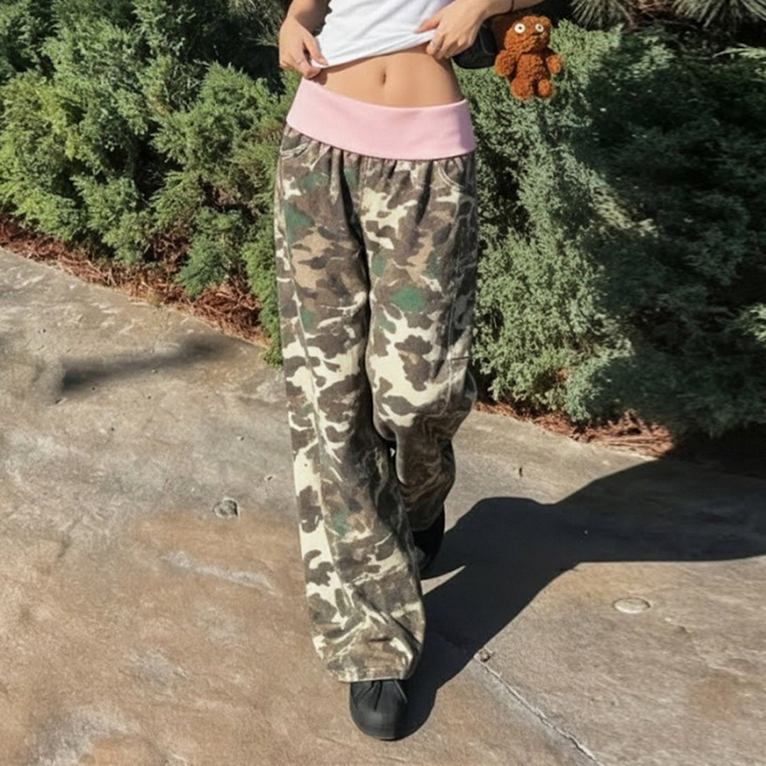Women's wide lounge pants with foldover waistband, camouflage pattern and elastic comfort stretch Mune Fashion