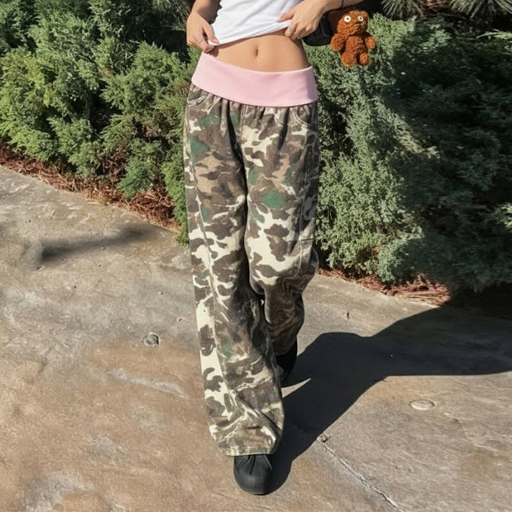 Women's wide lounge pants with foldover waistband, camouflage pattern and elastic comfort stretch Mune Fashion
