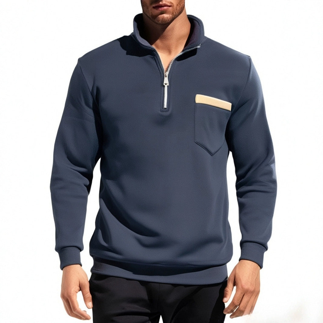 Men's finely structured half-zip fine knit pullover with stand-up collar, chest pocket, and slim silhouette Mune Fashion